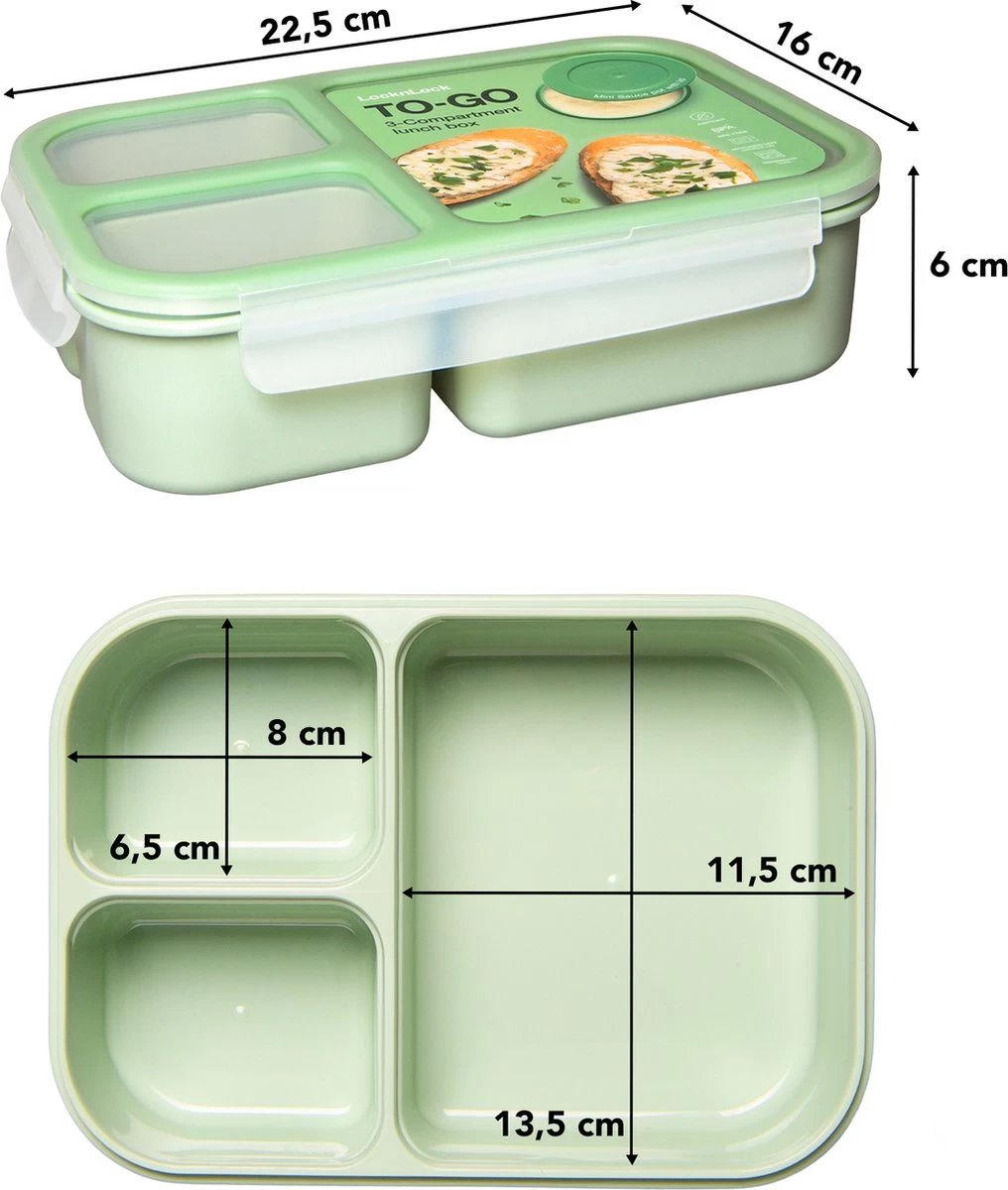 Lock&Lock Lunchbox - Bento Box - Salade Lunchbox - Met 3 Compartimenten - Met Dressing/Saus Bakje - Volwassenen En Kinderen - To Go - Lekvrij - BPA Vrij - 980 Ml - Groen - Afbeelding 5