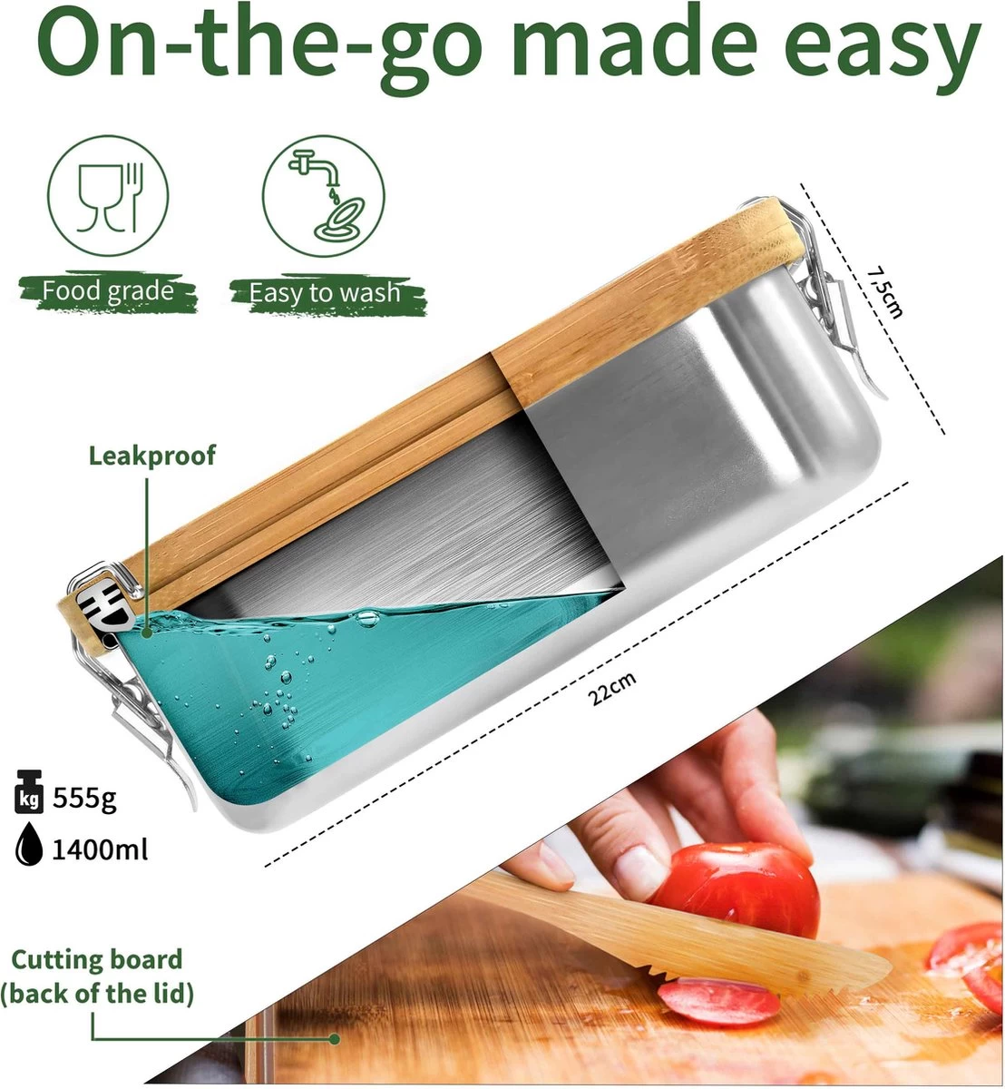 Bamboe Lunch Box 1400 Ml | Broodbox | Ecologisch | Roestvrijstalen Lunchbox | Bentobox No Leak | Smaakloos | Bamboe Grote Broodtrommel | Lunchbox Volwassenen | Lunchbox RVS Bamboe | Bambaw - Afbeelding 7