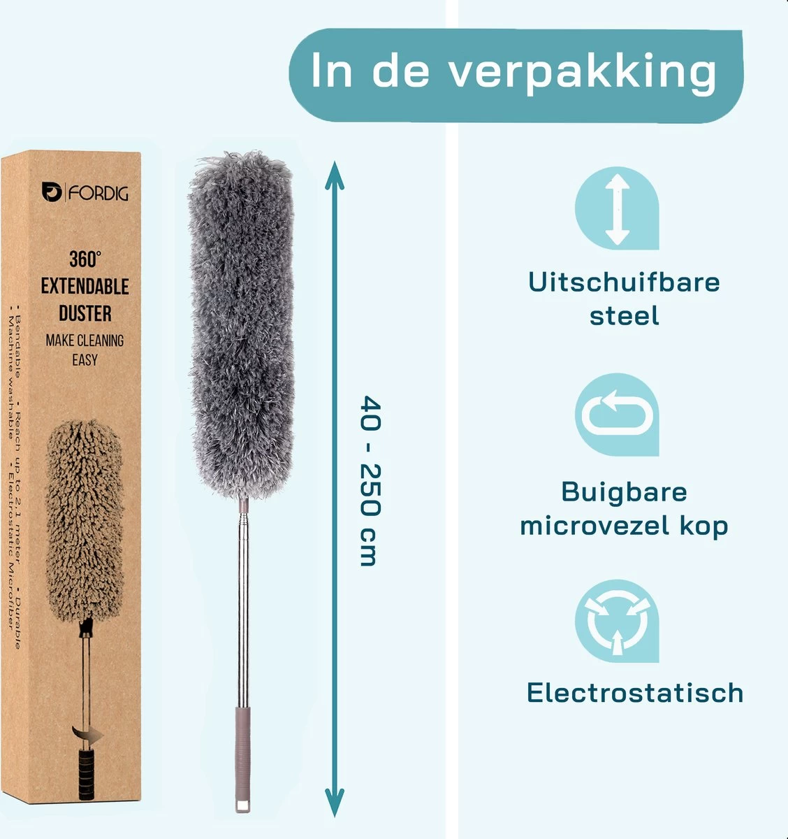 ForDig Telescopische Plumeau Microvezel - Duster Met Telescoopsteel Uitschuifbaar Tot 250 Cm - Wasbaar - 360 Graden Draaibaar - Afbeelding 5