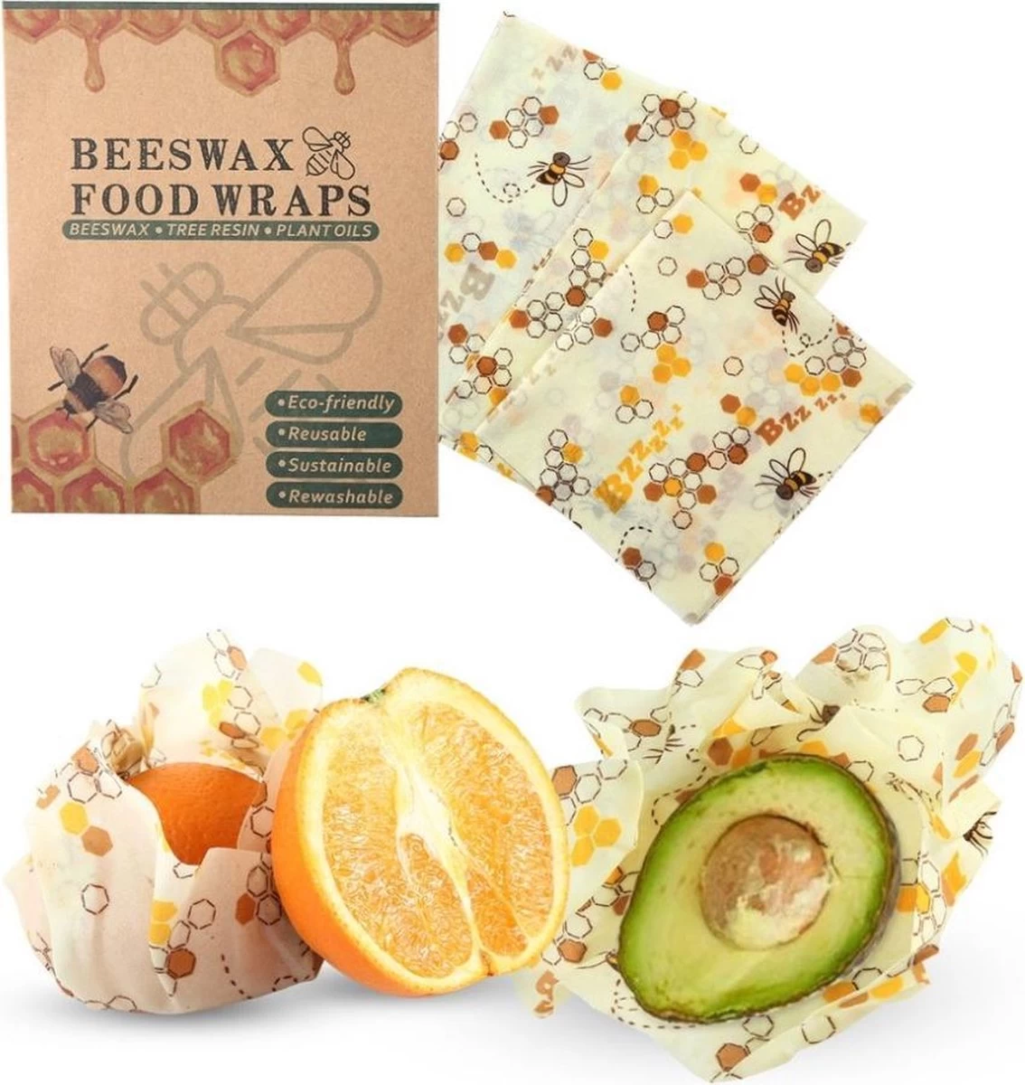 Bijenwas Doek - 3-pack - Bees Wrap - Bijen En Honingraat Print - Afbeelding 2
