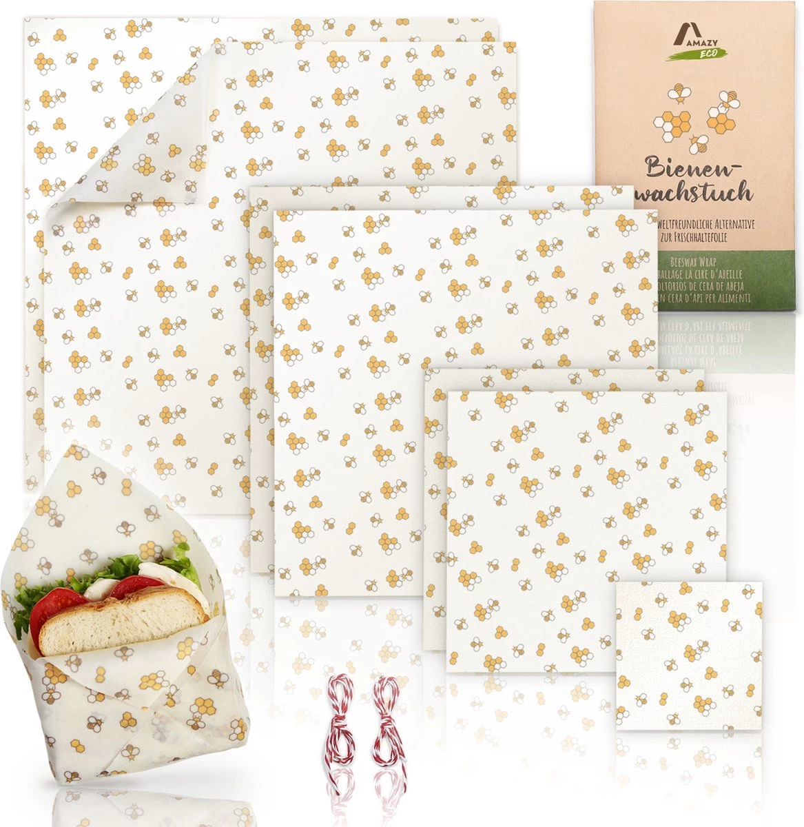 Amazy Bijenwasdoekjes (Set Van 7) - Gemaakt Van 100% Natuurlijke Bijenwas | Duurzaam Alternatief Voor Huishoudfolie En Aluminiumfolie - Voor Fruit, Groenten, Brood, Kaas En Ander Voedsel | Gecertificeerd
