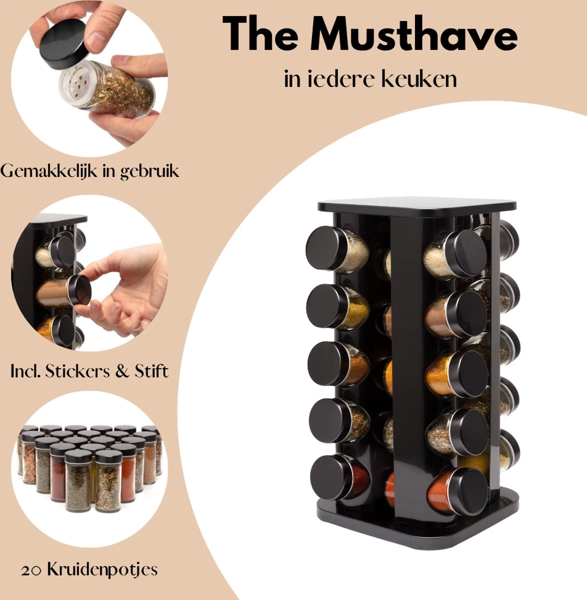 Pazzo Goods - Kruidenrek Staand - Kruidenrek Met Potjes - Zwart - RVS - Kruidenrek Draaibaar - 20 Kruidenpotjes - Inclusief Stickers & Stift - Kruiden Carrousel - Afbeelding 3