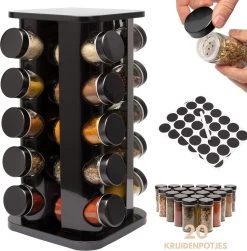 Pazzo Goods - Kruidenrek Staand - Kruidenrek Met Potjes - Zwart - RVS - Kruidenrek Draaibaar - 20 Kruidenpotjes - Inclusief Stickers & Stift - Kruiden Carrousel