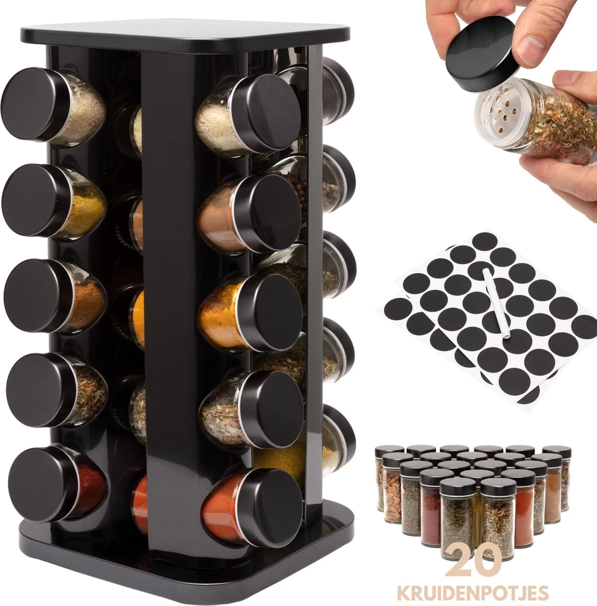Pazzo Goods - Kruidenrek Staand - Kruidenrek Met Potjes - Zwart - RVS - Kruidenrek Draaibaar - 20 Kruidenpotjes - Inclusief Stickers & Stift - Kruiden Carrousel