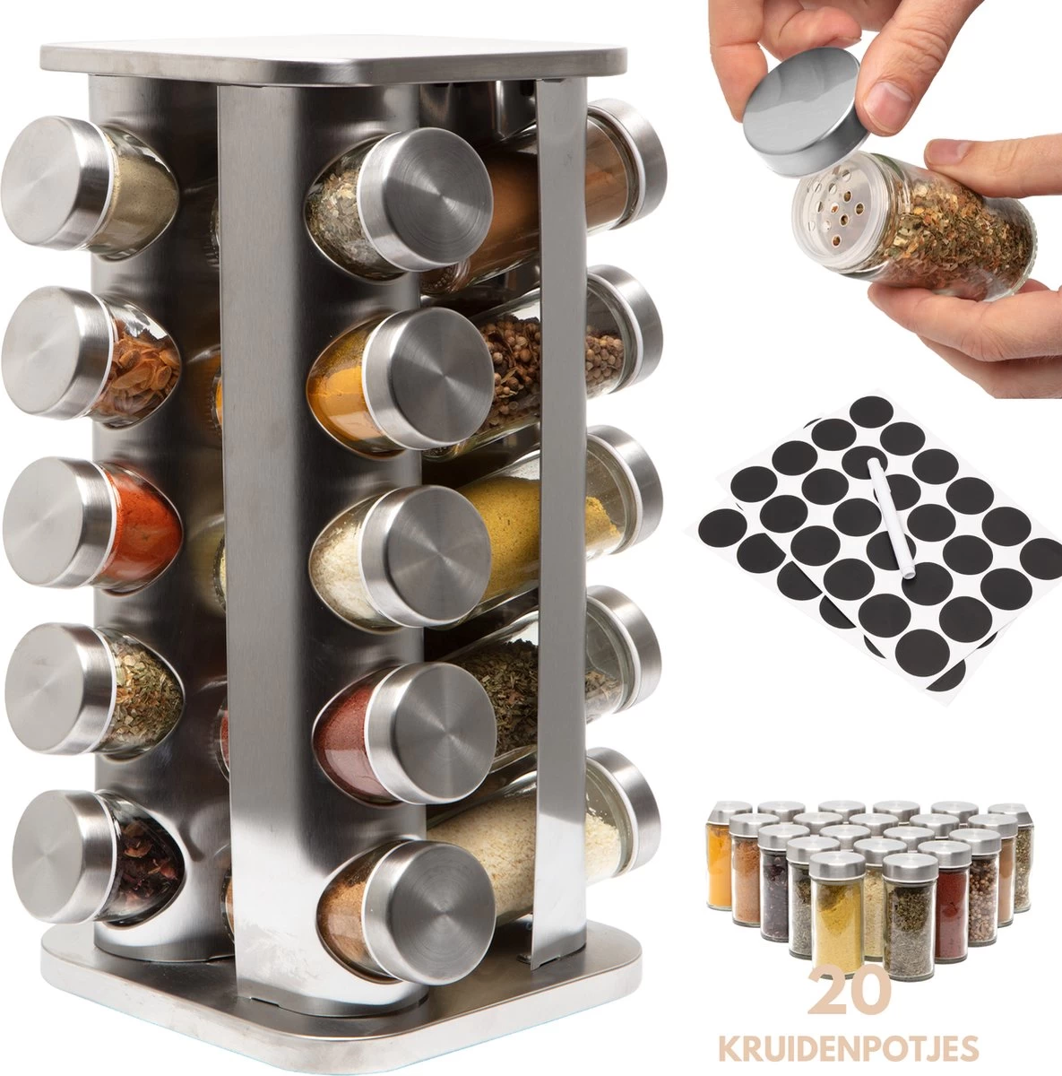 Pazzo Goods - Kruidenrek Staand - Kruidenrek Met Potjes - Zilver - RVS - Kruidenrek Draaibaar - 20 Kruidenpotjes - Inclusief Stickers & Stift - Kruiden Carrousel