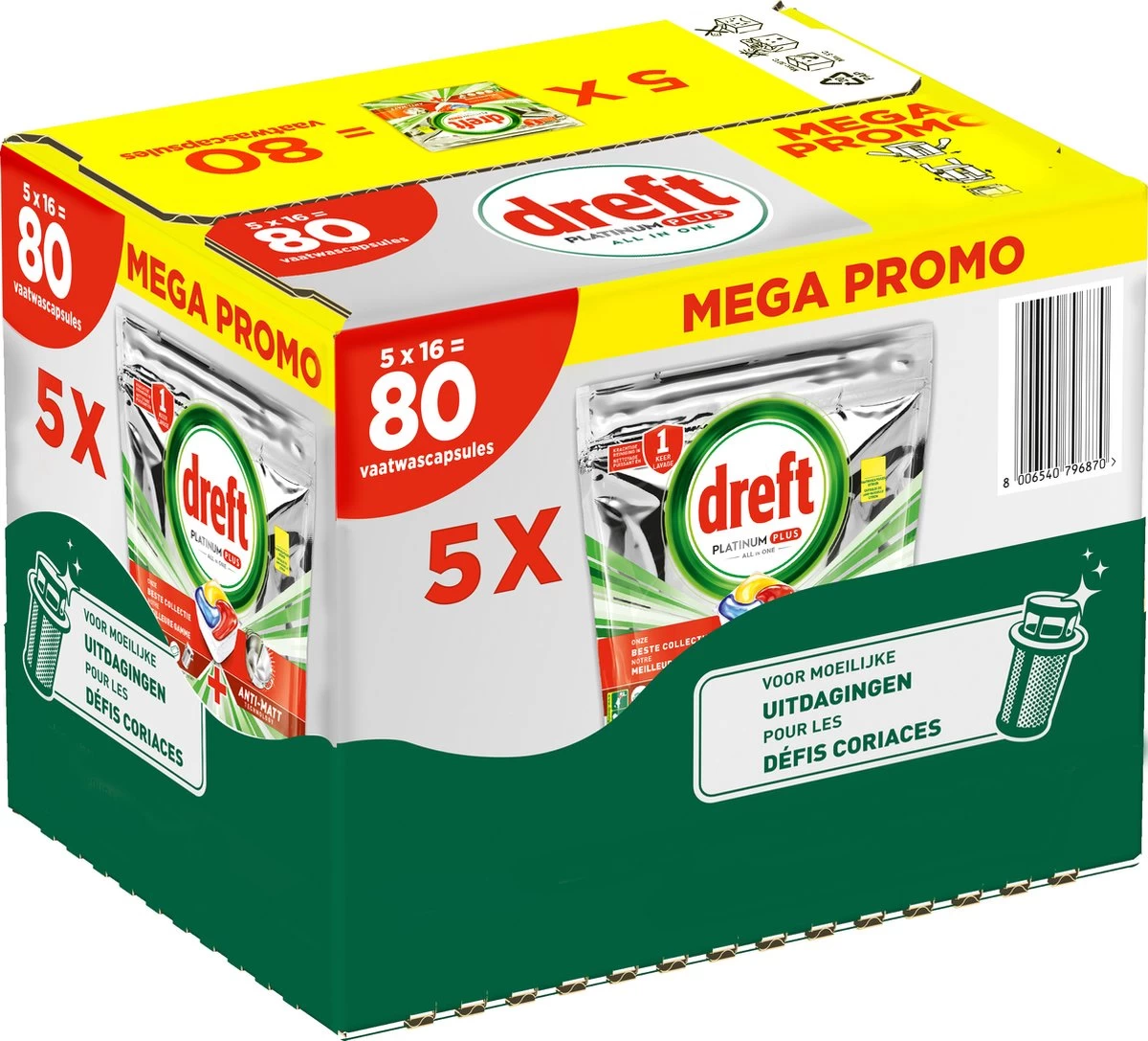 Dreft Platinum Plus All In One - Vaatwastabletten - Citroen - Voordeelverpakking 5 X 16 Stuks
