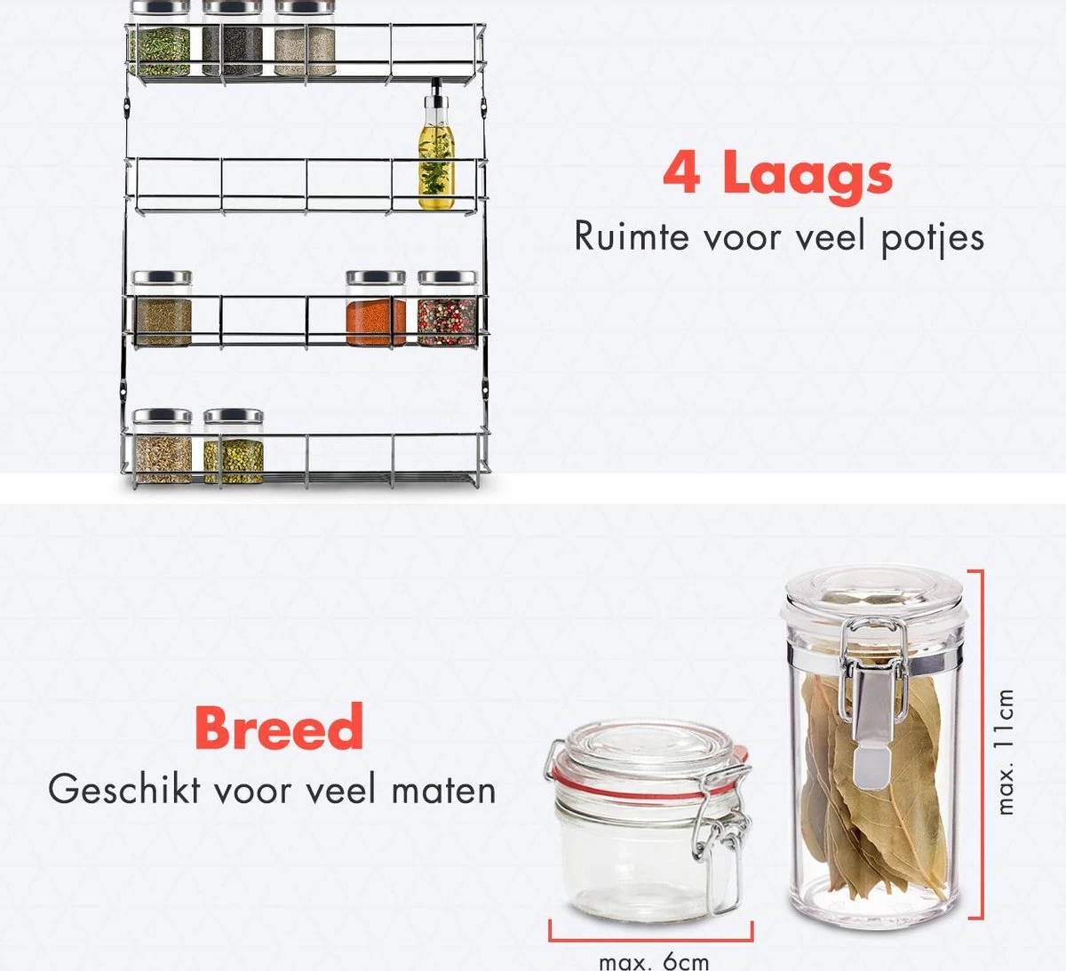 KitchenBrothers Ophangbaar Kruidenrek Voor 32 Kruidenpotjes - Spice Rack – Keuken Rek - Kruiden Organizer - Specerijen Opbergen - 4 Laags - 40 X 6.3 X 50 Cm - RVS - Afbeelding 6