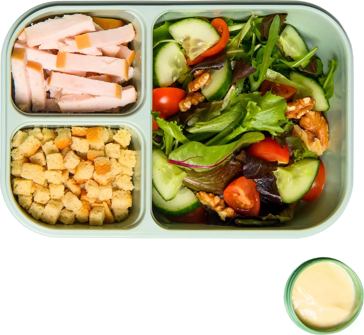 Lock&Lock Lunchbox - Bento Box - Salade Lunchbox - Met 3 Compartimenten - Met Dressing/Saus Bakje - Volwassenen En Kinderen - To Go - Lekvrij - BPA Vrij - 980 Ml - Groen - Afbeelding 3