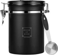 House Of Husk Koffieblik Met CO² Ventilatie - Bewaarblik - Voorraadbussen - Voorraadblik - RVS - Zwart - 1.5 Liter