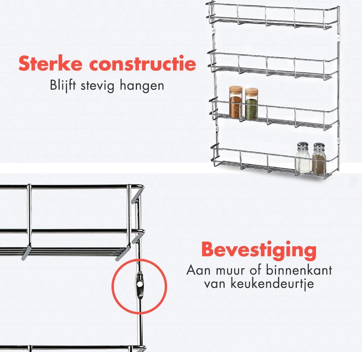 KitchenBrothers Ophangbaar Kruidenrek Voor 32 Kruidenpotjes - Spice Rack – Keuken Rek - Kruiden Organizer - Specerijen Opbergen - 4 Laags - 40 X 6.3 X 50 Cm - RVS - Afbeelding 5
