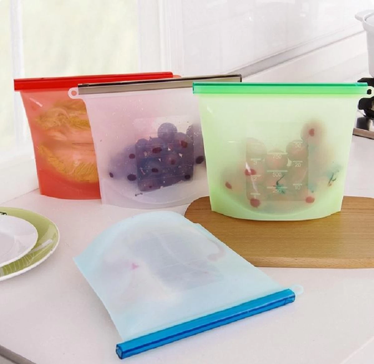 Siliconen Vershoudzakken | Bewaarzakken | Diepvrieszakken | Herbruikbaar | Lekvrij | Set 4-Stuks 1000ml | Vries & Hitte Bestendig | 4 Kleuren - Afbeelding 4