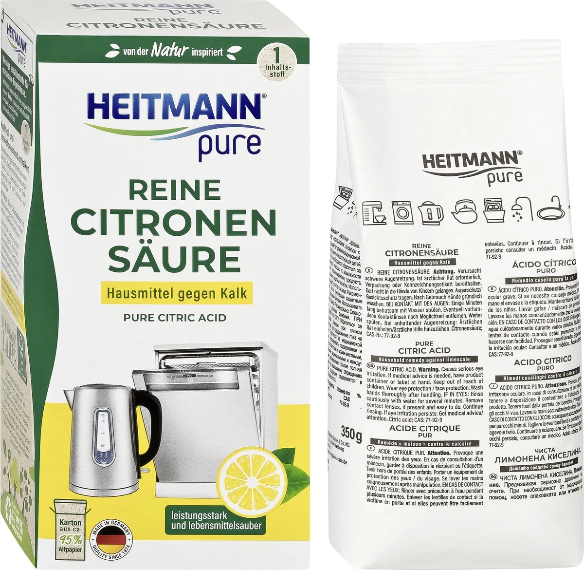 HEITMANN Pure Ontkalker- Citroenzuur Ontkalker, Natuurvriendelijke Kalkreiniger Voor Een Hygiënische Reiniging - Poeder, 1x 350 G - Afbeelding 2