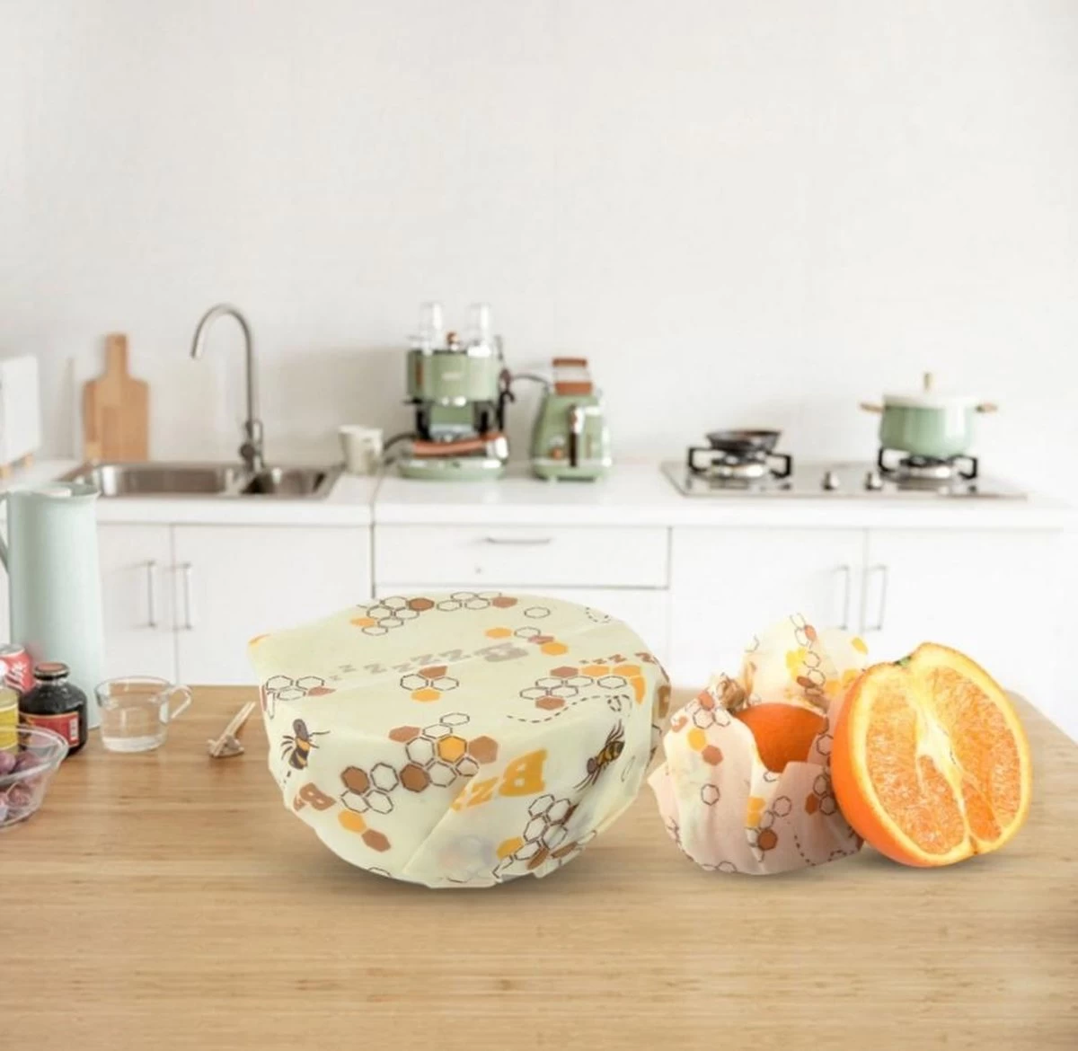 Bijenwas Doek - 3-pack - Bees Wrap - Bijen En Honingraat Print - Afbeelding 3