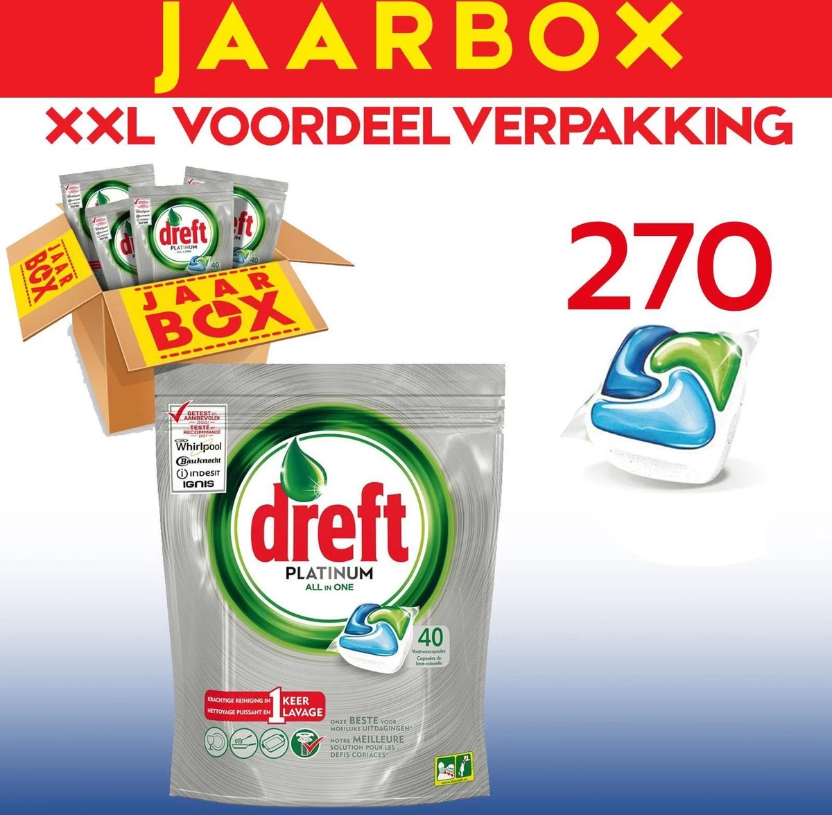 Dreft All In One Platinum - 270 Stuks - Vaatwastabletten - Jaarbox - Voordeelverpakking - Afbeelding 3