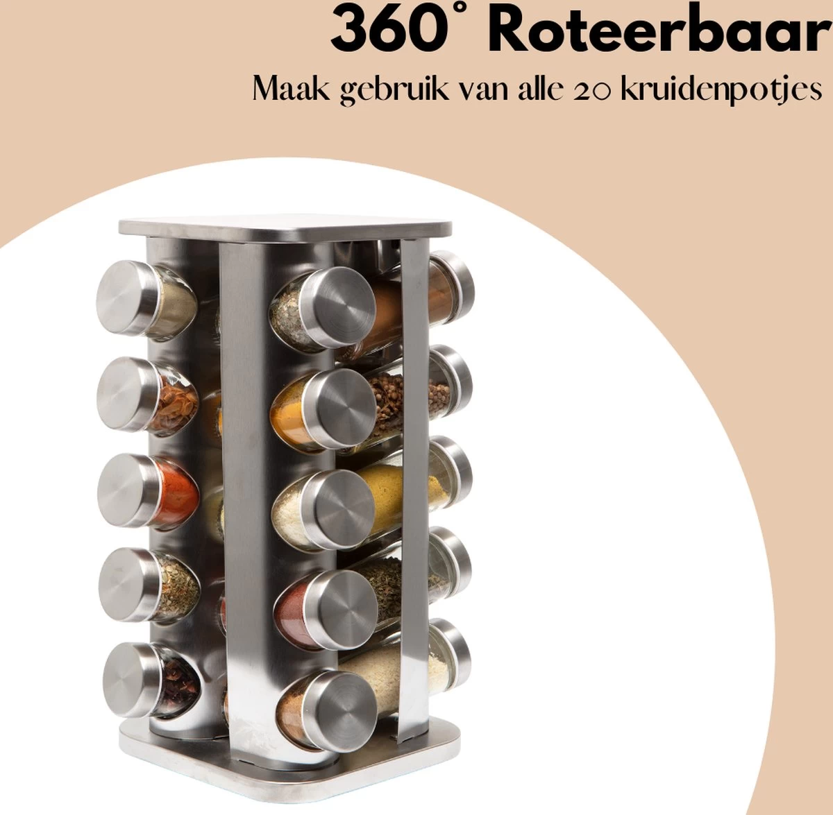 Pazzo Goods - Kruidenrek Staand - Kruidenrek Met Potjes - Zilver - RVS - Kruidenrek Draaibaar - 20 Kruidenpotjes - Inclusief Stickers & Stift - Kruiden Carrousel - Afbeelding 3