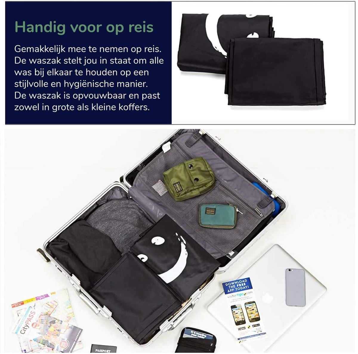 Wonair - Waszak Groot - 60x90cm - Zwart - Met Trekkoord En Draagband - Afbeelding 3