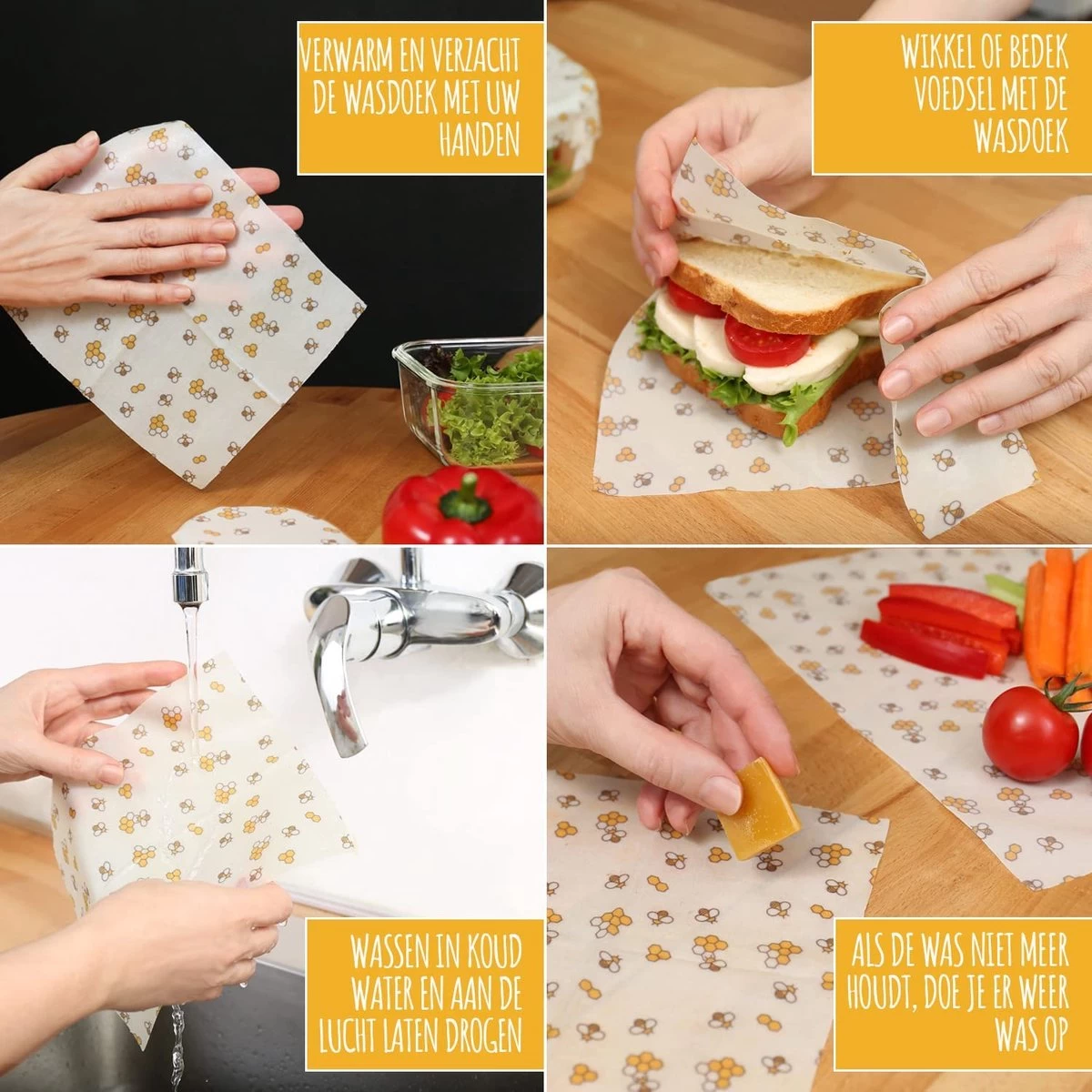 Amazy Bijenwasdoekjes (Set Van 7) - Gemaakt Van 100% Natuurlijke Bijenwas | Duurzaam Alternatief Voor Huishoudfolie En Aluminiumfolie - Voor Fruit, Groenten, Brood, Kaas En Ander Voedsel | Gecertificeerd - Afbeelding 4
