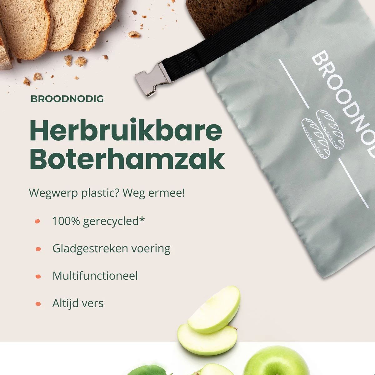 BROODNODIG® - Herbruikbare Boterhamzak - Van 100% Gerecyclede PET-flessen - Ideaal Als Diepvrieszakjes - Lunchzak - Herbruikbaar Boterhamzakje - Foodwrap - Lunchbox - 30x20cm - Pastel Groen - Afbeelding 3