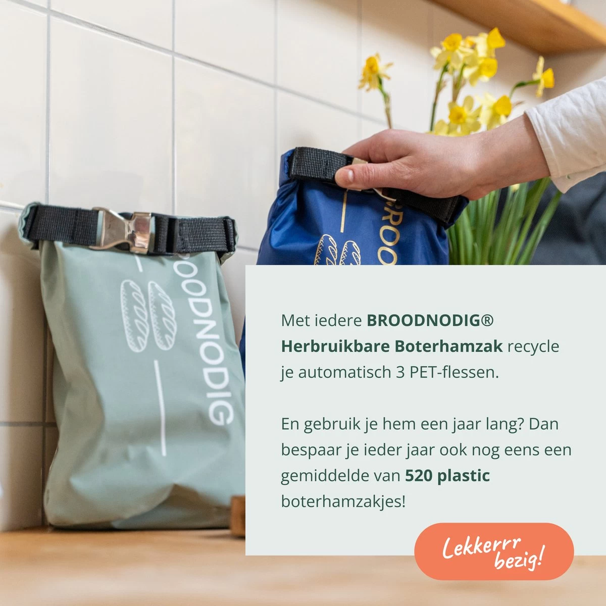 BROODNODIG® - Herbruikbare Boterhamzak - Van 100% Gerecyclede PET-flessen - Ideaal Als Diepvrieszakjes - Lunchzak - Herbruikbaar Boterhamzakje - Foodwrap - Lunchbox - 30x20cm - Pastel Groen - Afbeelding 9