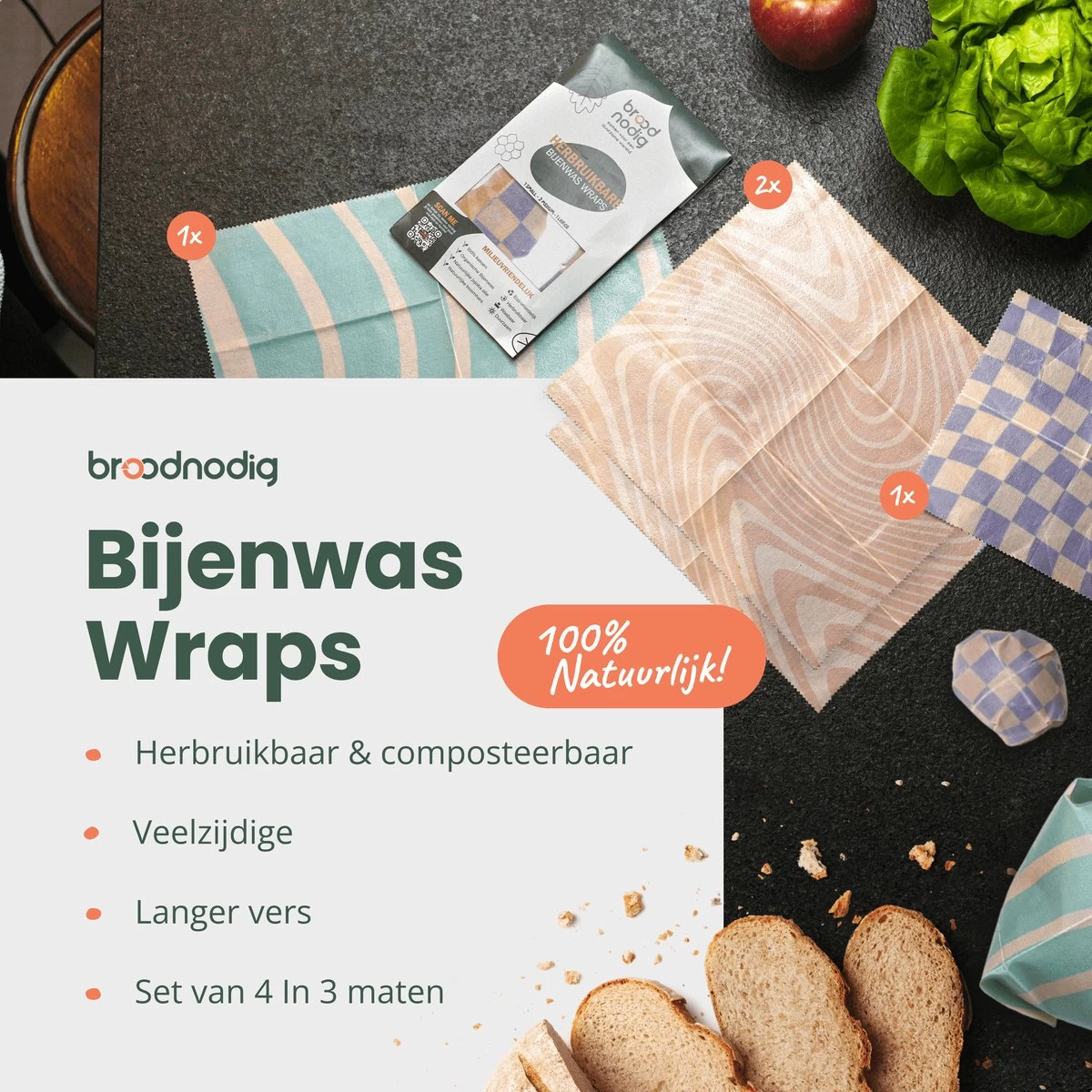 BROODNODIG® - Bijenwas Wraps (Bijenwas Doek) - Set Van 4 - 1S, 2M, 1L - Foodwrap - Beeswax Wraps - Bee Wrap - Beewax - Bijenwasdoek - Zero Waste - Duurzaam Cadeau - Herbruikbaar Boterhamzakje - Afbeelding 6