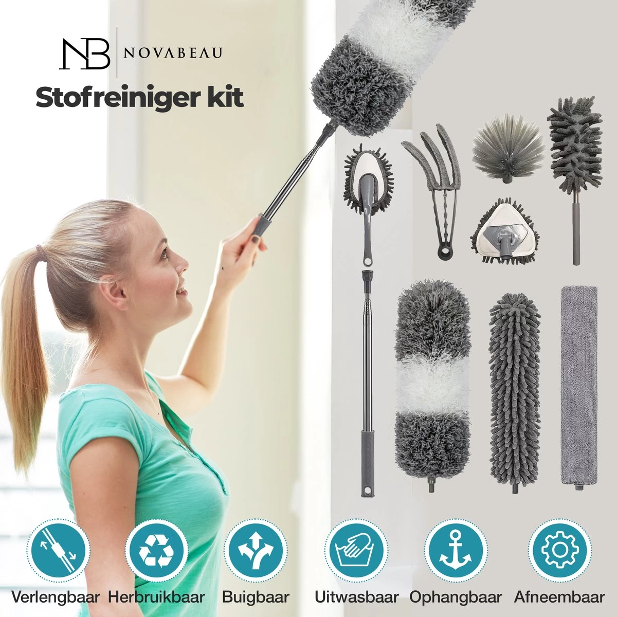 NovaBeau Plumeau Met Telescoopsteel – Microvezel Ragebol Uitschuifbaar - 9-delig Duster Set Met Voegenborstel – RVS Stoffer – Grijs Chenille Borstel – Wasbaar En Draaibaar - Afbeelding 4