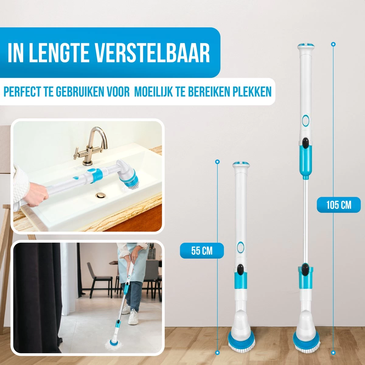 Strex Elektrische Schoonmaakborstel - Draadloze Schrobborstel - Schrobber - 3 Opzetstukken - Telescoopsteel - Poetsmachine Met Krachtige Accu - Afbeelding 2