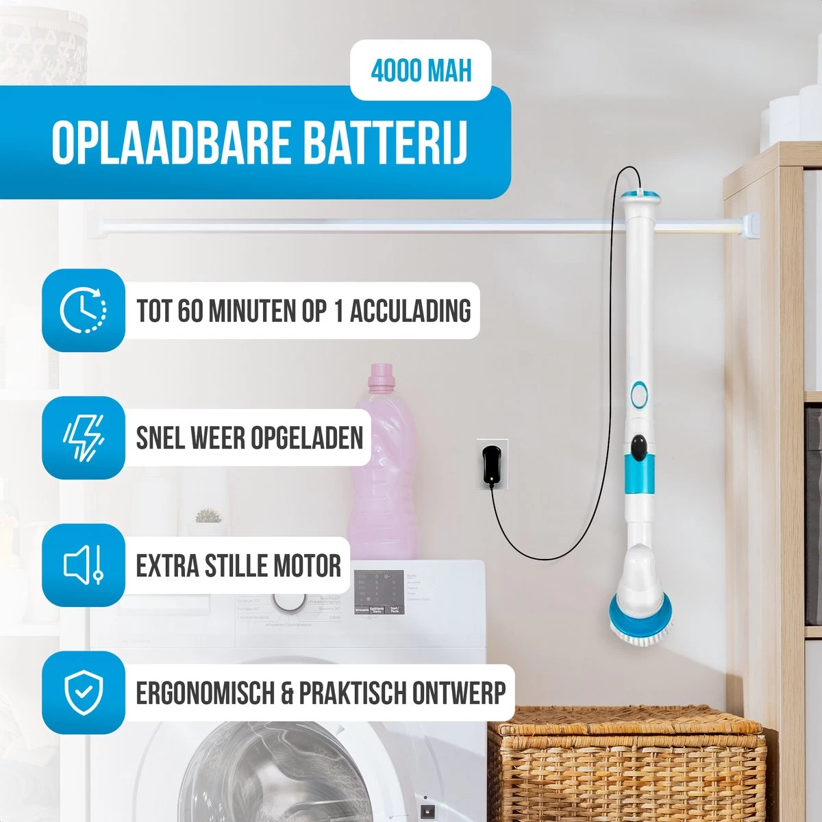 Strex Elektrische Schoonmaakborstel - Draadloze Schrobborstel - Schrobber - 3 Opzetstukken - Telescoopsteel - Poetsmachine Met Krachtige Accu - Afbeelding 5