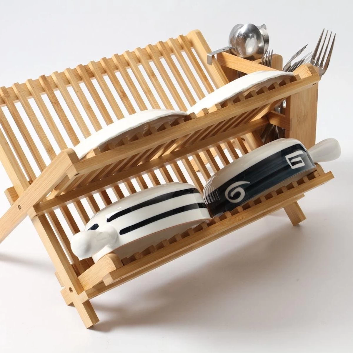 Merkloos Decopatent® Afdruiprek Voor Afwas - Bamboe - Hout - Inklapbaar Afdruiprek - Afwasrekje Inclusief Bestekhouder - Afwas Druiprek - Afbeelding 5