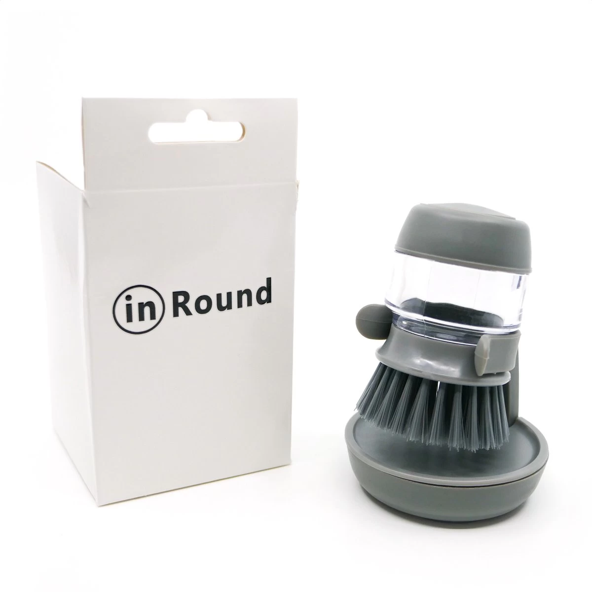 In Round Afwasborstel Met Zeepdispenser / Zeepreservoir – Inclusief Houder – Grijs – Afwas Borstel – Zeep Handborstel – Doseerpomp – Afwasmiddel Dispenser – Navulbaar - Afbeelding 2