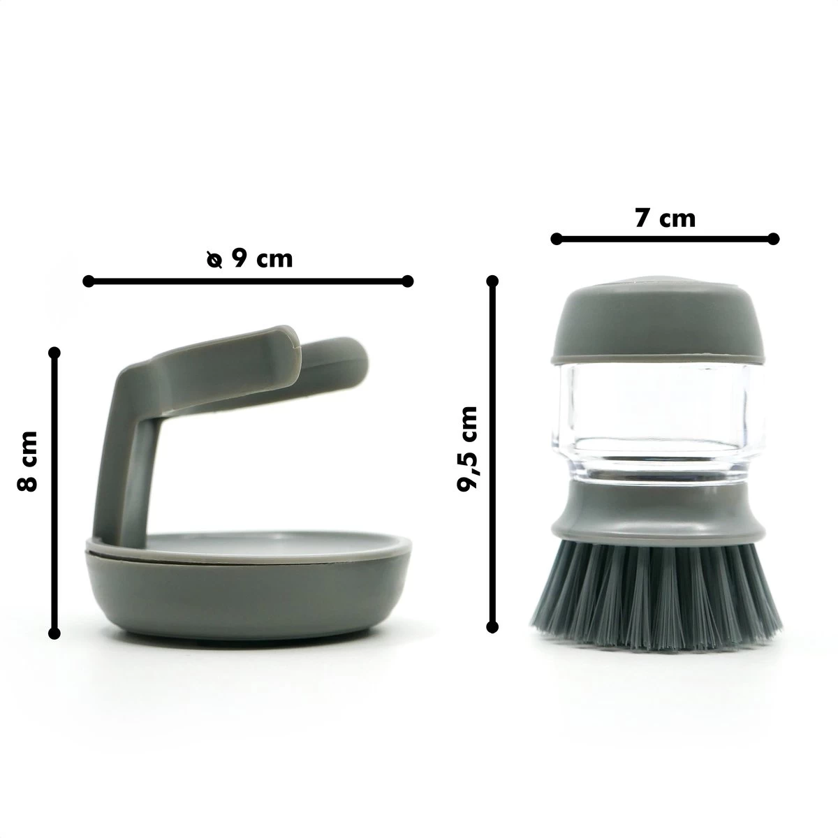 In Round Afwasborstel Met Zeepdispenser / Zeepreservoir – Inclusief Houder – Grijs – Afwas Borstel – Zeep Handborstel – Doseerpomp – Afwasmiddel Dispenser – Navulbaar - Afbeelding 4