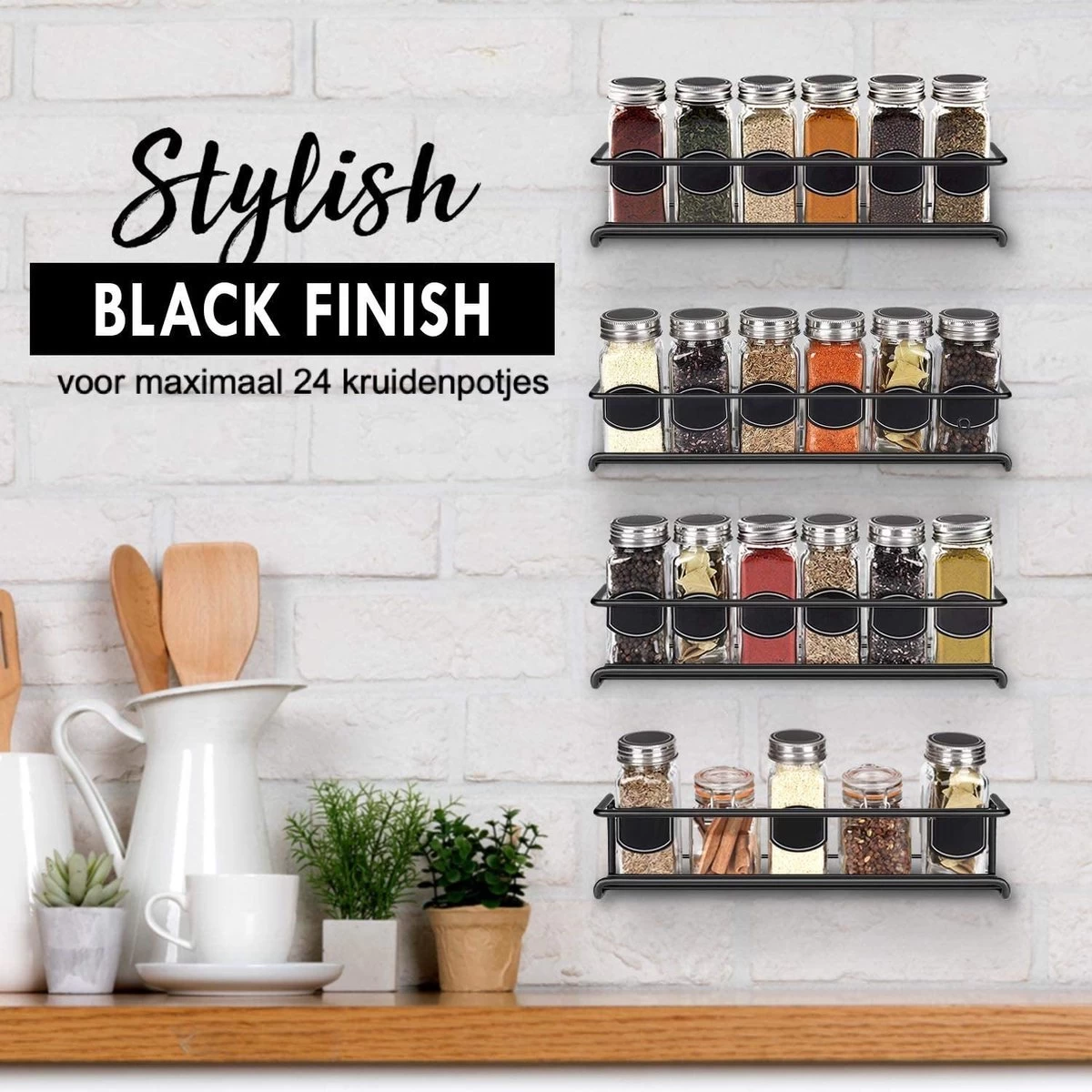 Kruidenrek Ophangbaar Kruidenpotjes Wandrek Organizer Keuken Accessoires - Zwart - Geschikt Voor Bijna Alle Kruidenpotjes - Afbeelding 4