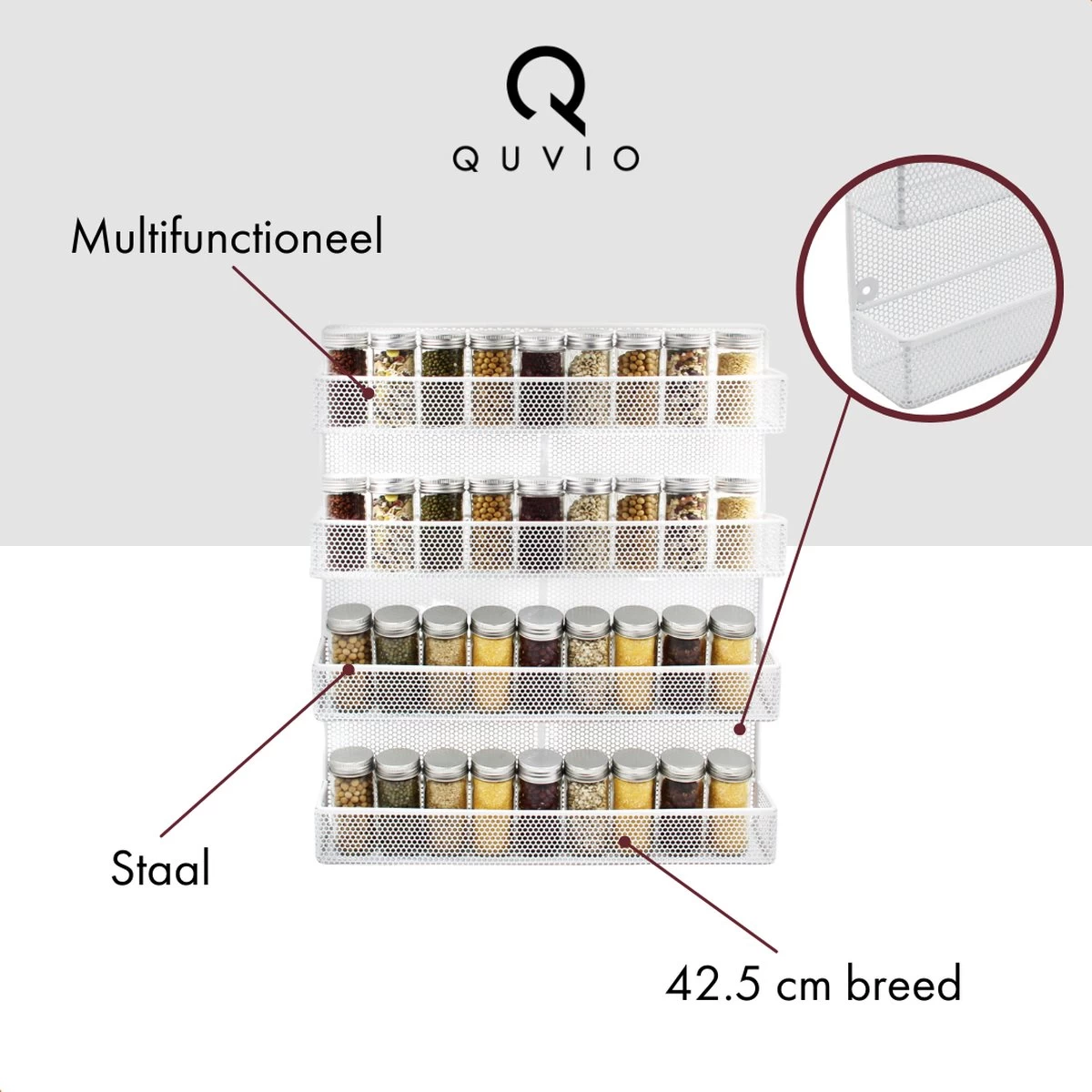 QUVIO Groot Kruidenrek - Staal - Wit - Ophangbaar - Voor 32 Kruidenpotjes - 4 Laags - Afbeelding 5