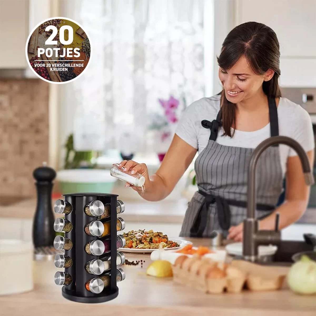 Merkloos Draaibaar Kruidenrek Met 20 Kruidenpotjes - Kruidenrek Staand - Aanrecht Organiser - Glazen Potjes Met Deksel - Inclusief 32 Etiketten En 1 Uitwisbare Stift - Ronde Afwerking - Zwart - Afbeelding 2