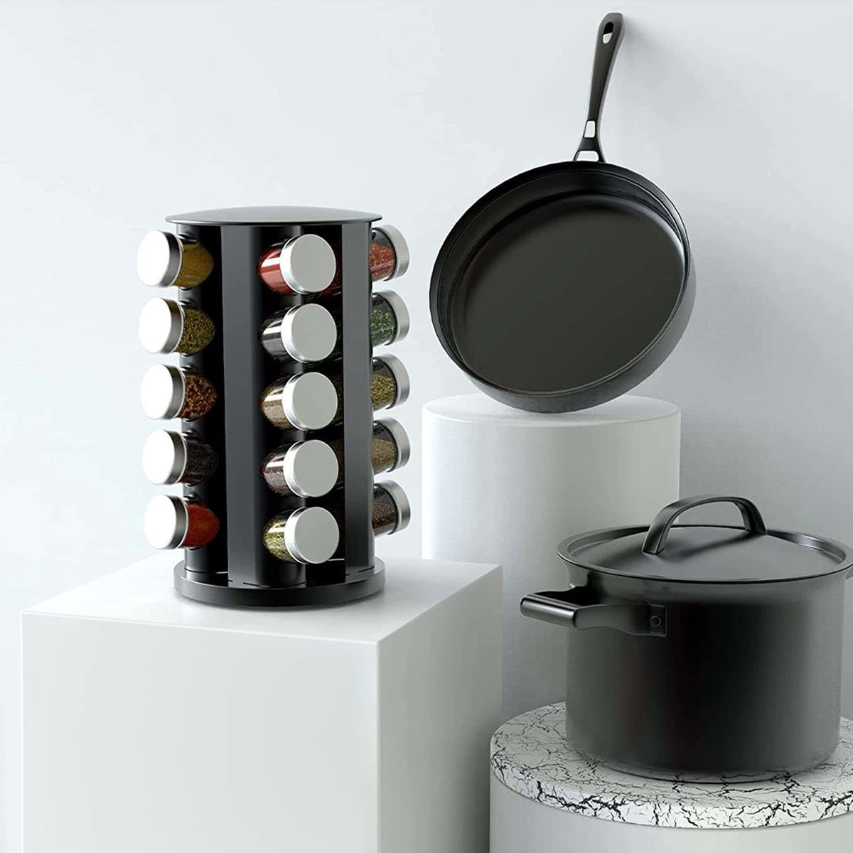 Merkloos Draaibaar Kruidenrek Met 20 Kruidenpotjes - Kruidenrek Staand - Aanrecht Organiser - Glazen Potjes Met Deksel - Inclusief 32 Etiketten En 1 Uitwisbare Stift - Ronde Afwerking - Zwart - Afbeelding 3