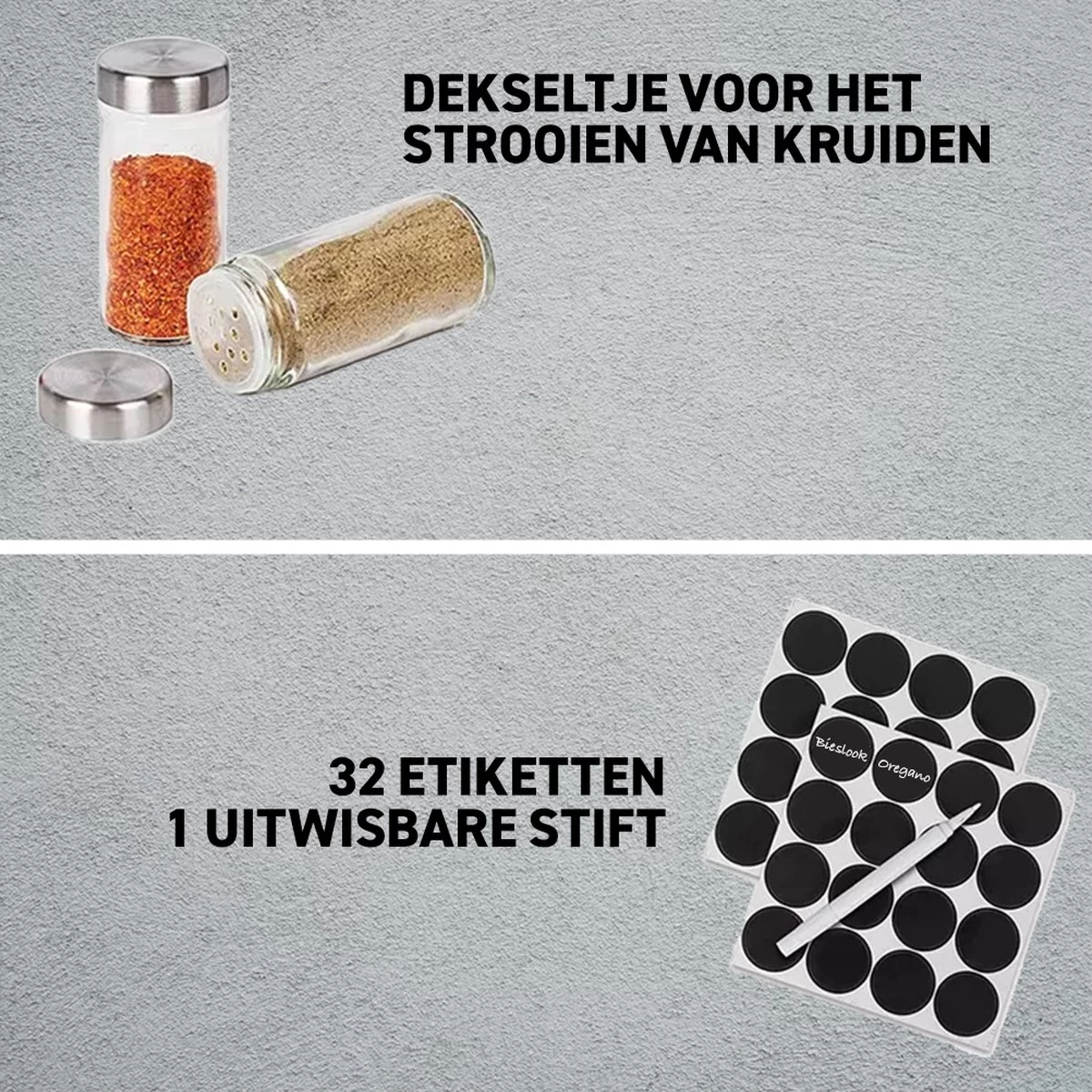 Merkloos Draaibaar Kruidenrek Met 20 Kruidenpotjes - Kruidenrek Staand - Aanrecht Organiser - Glazen Potjes Met Deksel - Inclusief 32 Etiketten En 1 Uitwisbare Stift - Ronde Afwerking - Zwart - Afbeelding 6