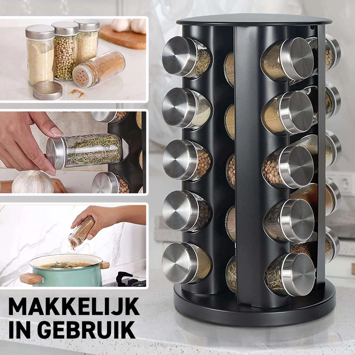 Merkloos Draaibaar Kruidenrek Met 20 Kruidenpotjes - Kruidenrek Staand - Aanrecht Organiser - Glazen Potjes Met Deksel - Inclusief 32 Etiketten En 1 Uitwisbare Stift - Ronde Afwerking - Zwart - Afbeelding 8