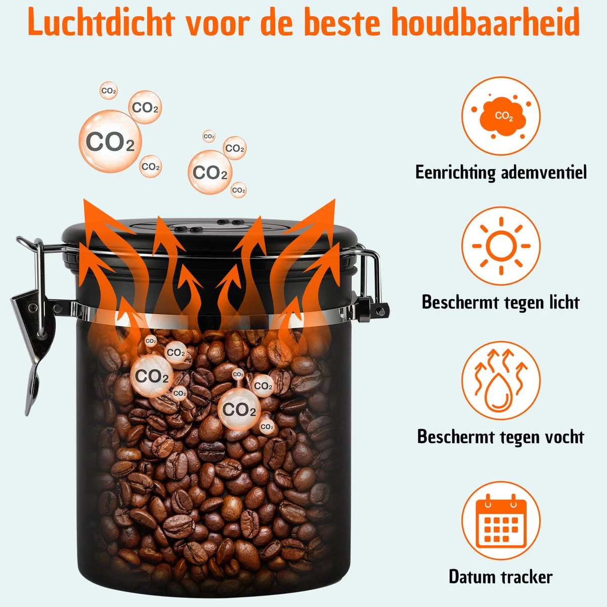 Koffie Bewaarbus Luchtdicht Met CO2 Uitlaat - Koffieblik Bewaarblik Voor 500 Gr Koffiebonen - Zwart - 1.2L - Afbeelding 2