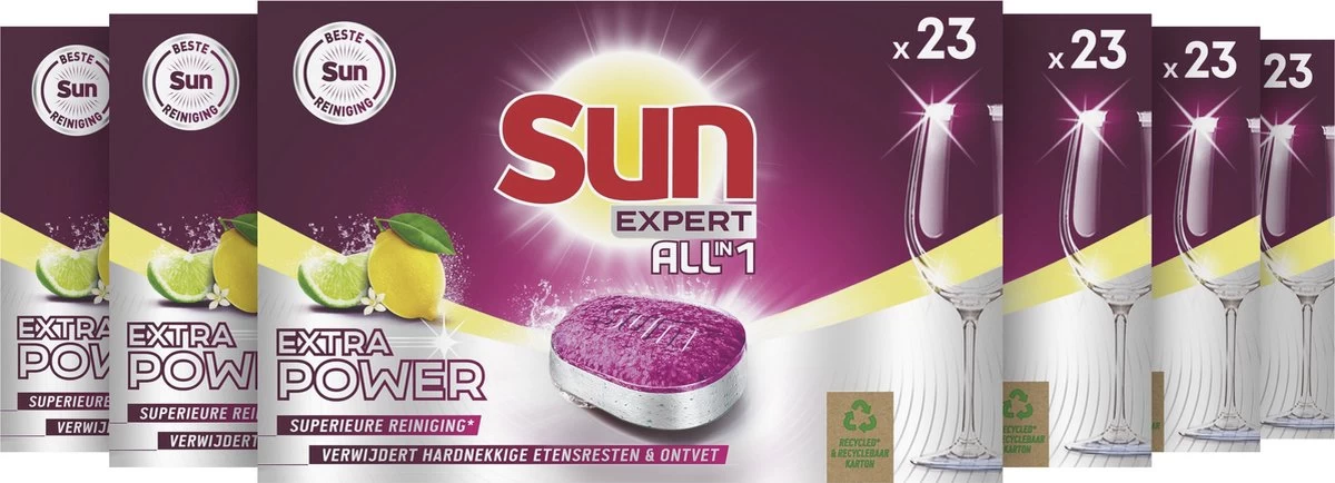 SUN® Sun All-In-1 Extra Power Lemon Vaatwastabletten - 6 X 23 Tabletten - Voordeelverpakking - Afbeelding 2