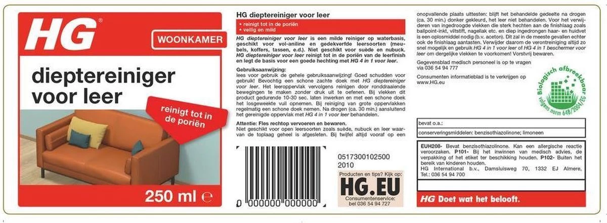HG Dieptereiniger Voor Leer - 250 Ml - Reinigt Tot In De Poriën - Afbeelding 2