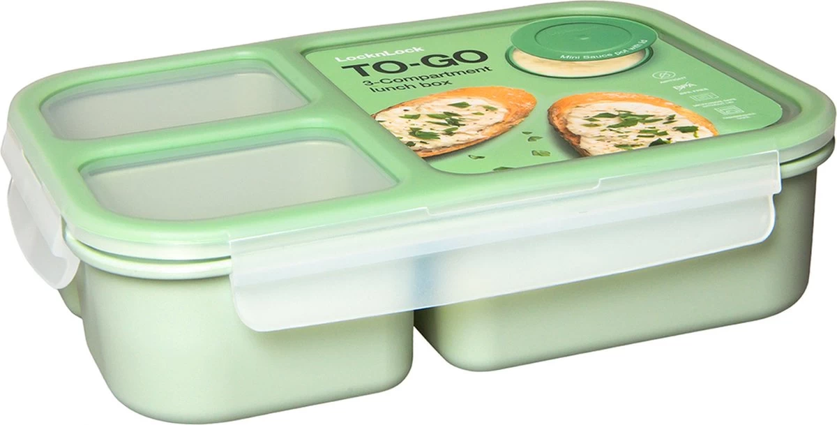 Lock&Lock Lunchbox - Bento Box - Salade Lunchbox - Met 3 Compartimenten - Met Dressing/Saus Bakje - Volwassenen En Kinderen - To Go - Lekvrij - BPA Vrij - 980 Ml - Groen - Afbeelding 2