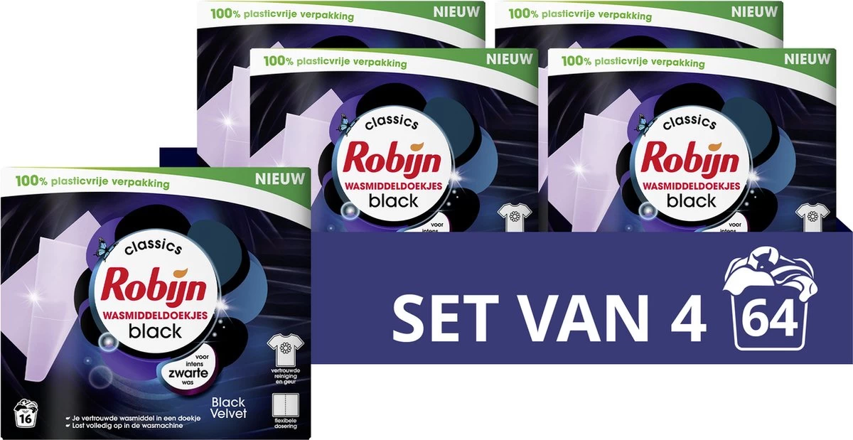 Robijn Classics Black Velvet Wasmiddeldoekjes - 4 X 16 Wasstrips - Voordeelverpakking