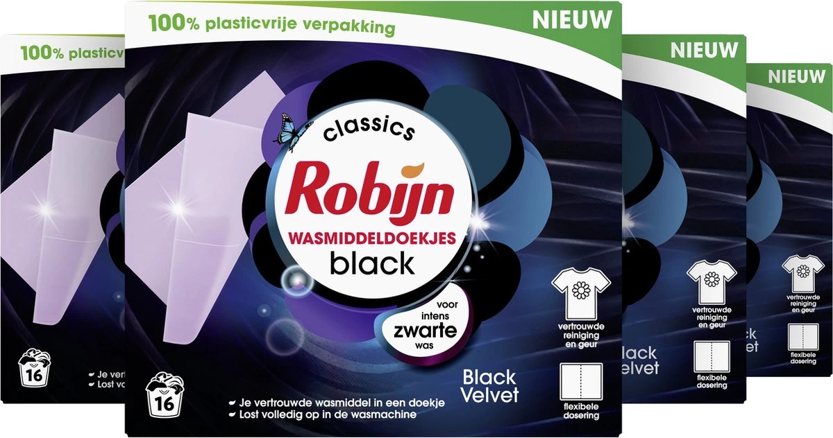 Robijn Classics Black Velvet Wasmiddeldoekjes - 4 X 16 Wasstrips - Voordeelverpakking - Afbeelding 2