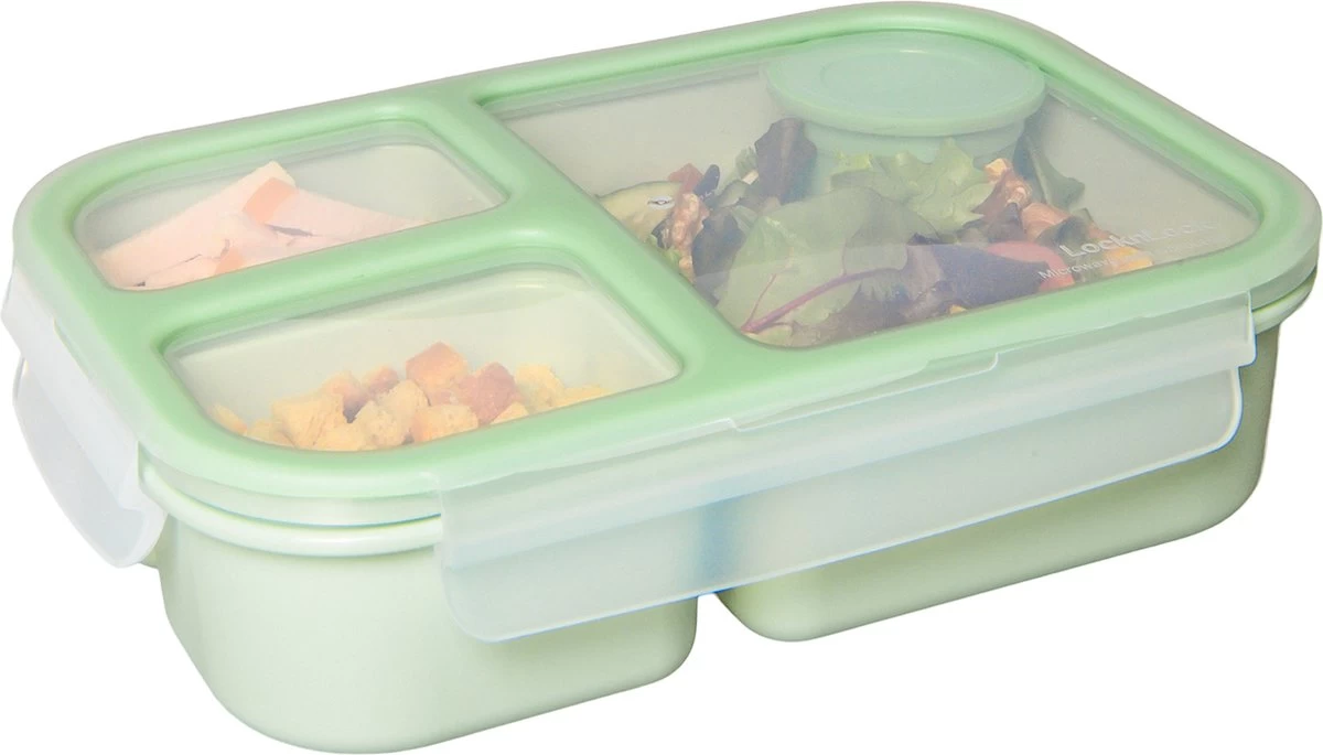 Lock&Lock Lunchbox - Bento Box - Salade Lunchbox - Met 3 Compartimenten - Met Dressing/Saus Bakje - Volwassenen En Kinderen - To Go - Lekvrij - BPA Vrij - 980 Ml - Groen - Afbeelding 4