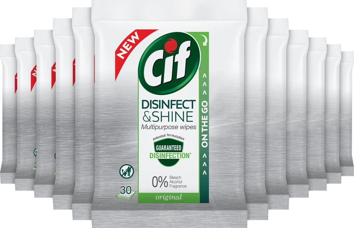 Cif Disinfect & Shine Wipes Original Desinfectie Schoonmaakdoekjes - 12 X 30 Doekjes - Voordeelverpakking