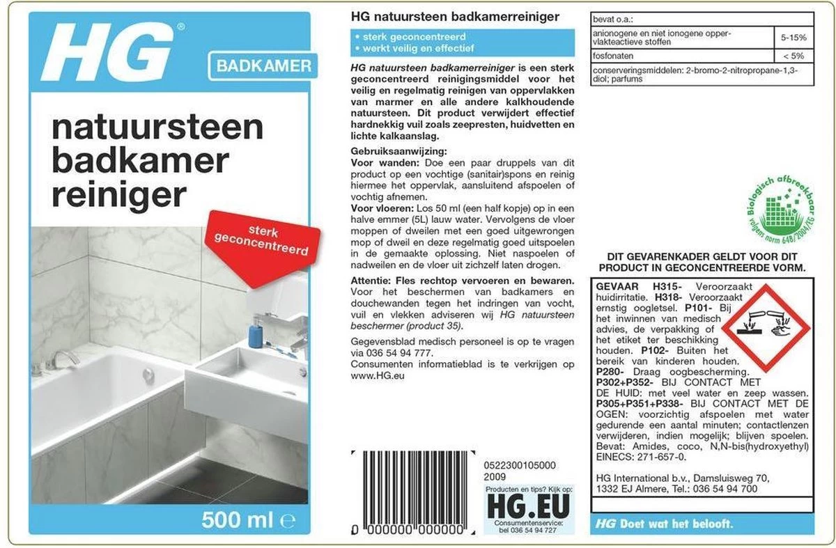 HG Natuursteen Badkamer Reiniger - 500ml - Ook Voor Marmer - Verwijdert Veilig Hardnekkig Vuil - Afbeelding 2
