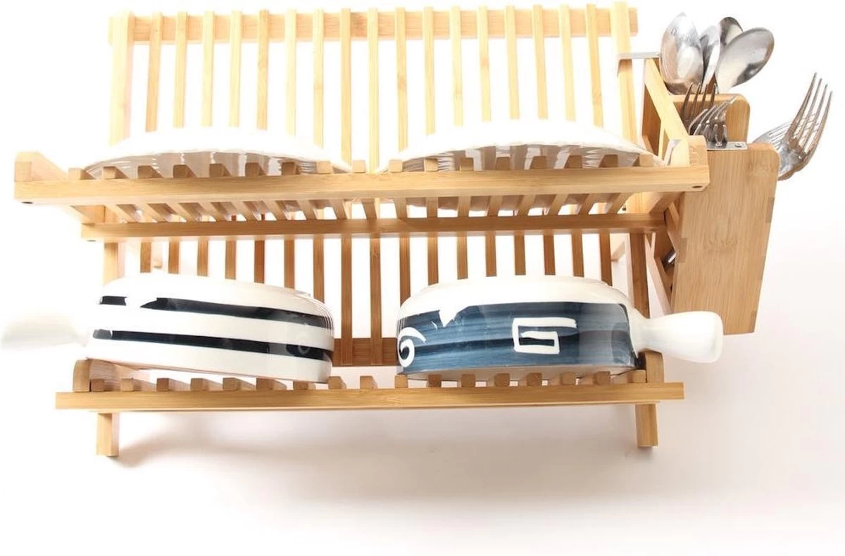 Merkloos Decopatent® Afdruiprek Voor Afwas - Bamboe - Hout - Inklapbaar Afdruiprek - Afwasrekje Inclusief Bestekhouder - Afwas Druiprek - Afbeelding 4