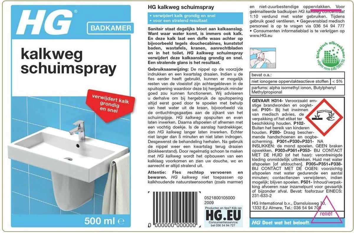 HG Kalkweg Schuimspray - 500ml - 100% Glans - Verwijdert En Voorkomt Kalk - Biologisch Afbreekbaar - Afbeelding 2