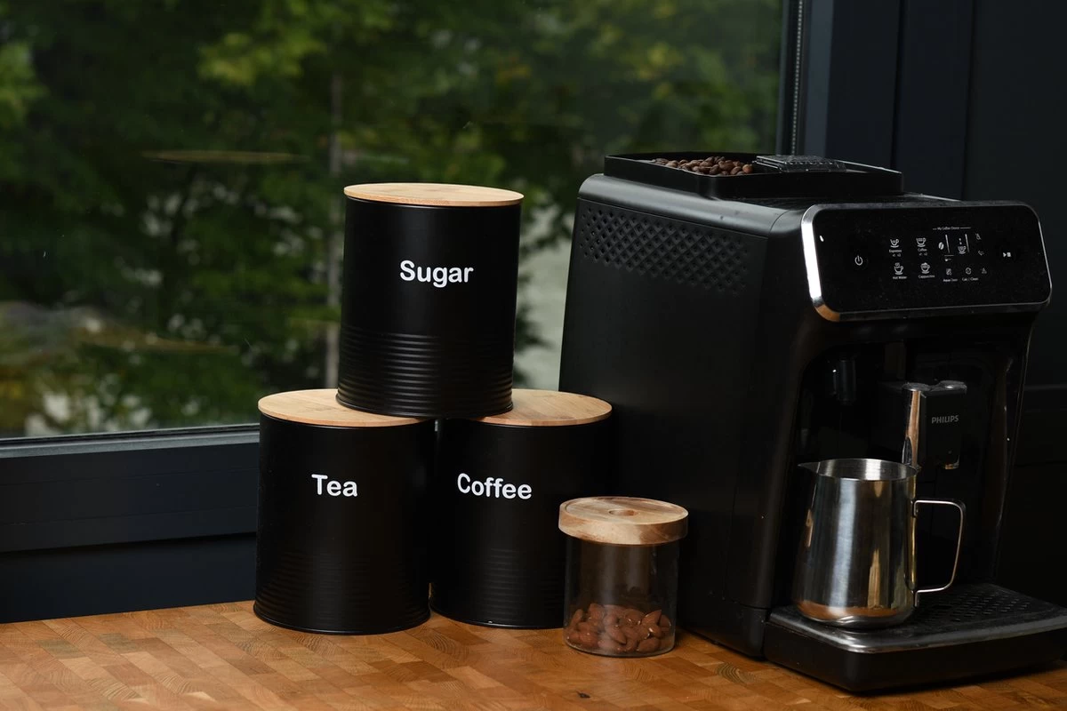 Bewaarblik - Voorraadpotten - Suikerpot - 3 Stuks - Voorraadblik - Deksel Bamboe - Luchtdict Voorraadbussen Potten - Koffie Thee Suiker - Zwart - Afbeelding 2