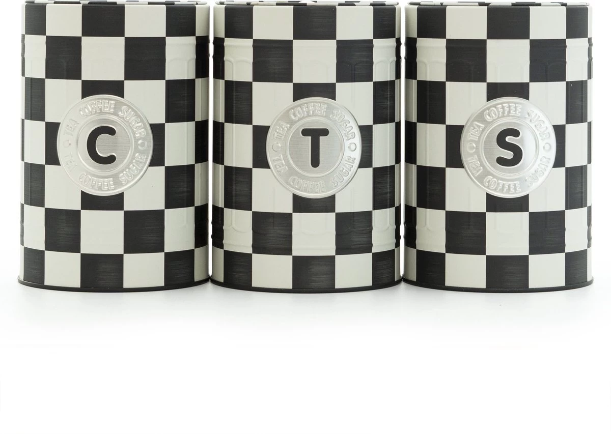 Industrial Living Voorraadblikken – Voorraadbussen Koffie Thee Suiker – Bewaarblik – Checkerboard – Voorraadpot Geblokt Voor Koek – Metaal - Set Van 3 – Zwart - Wit
