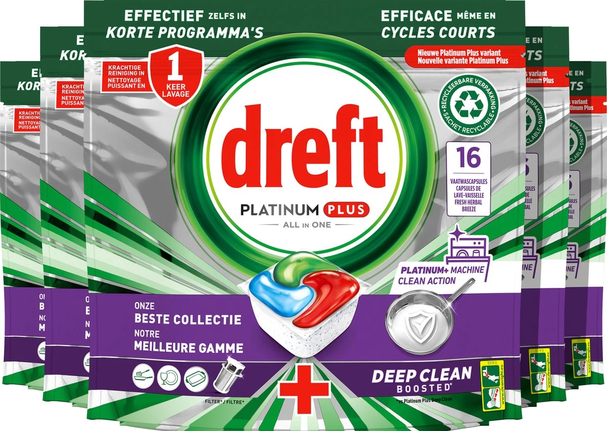 Dreft Platinum Plus All In One Machine Clean - Vaatwastabletten - 5 X 16 Tabletten